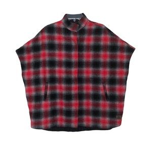 EDDIE BAUER | Wool Blend Cape Poncho Jacket Snap Front Red Black Plaid Pockets